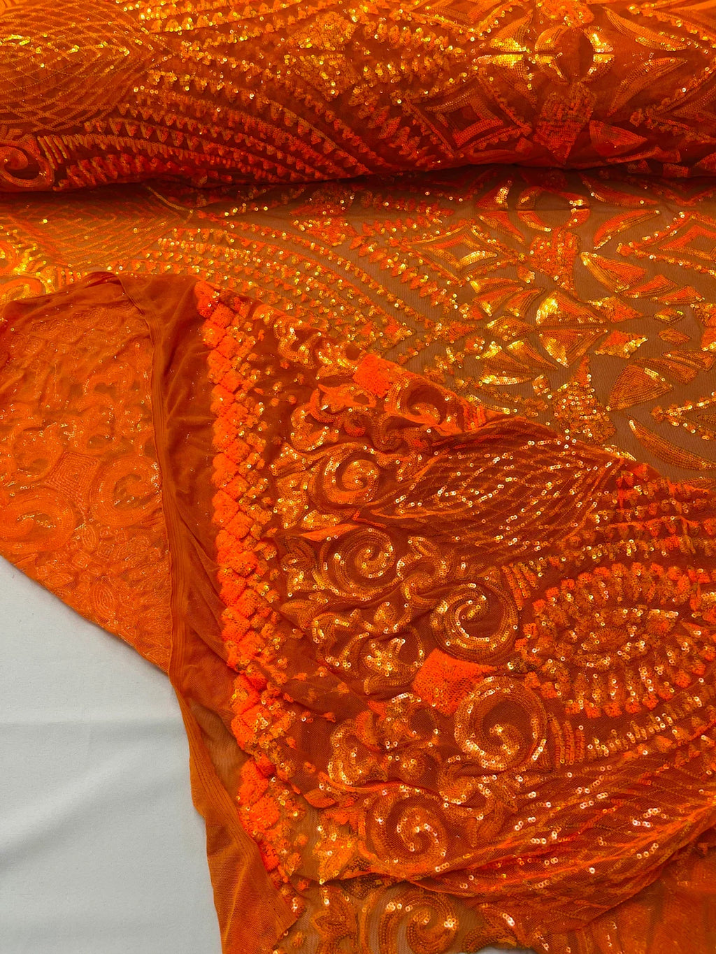 Geometric Pattern Sequins - Orange - 4 Way Stretch Colorful Shine Designer Sequins By Yard