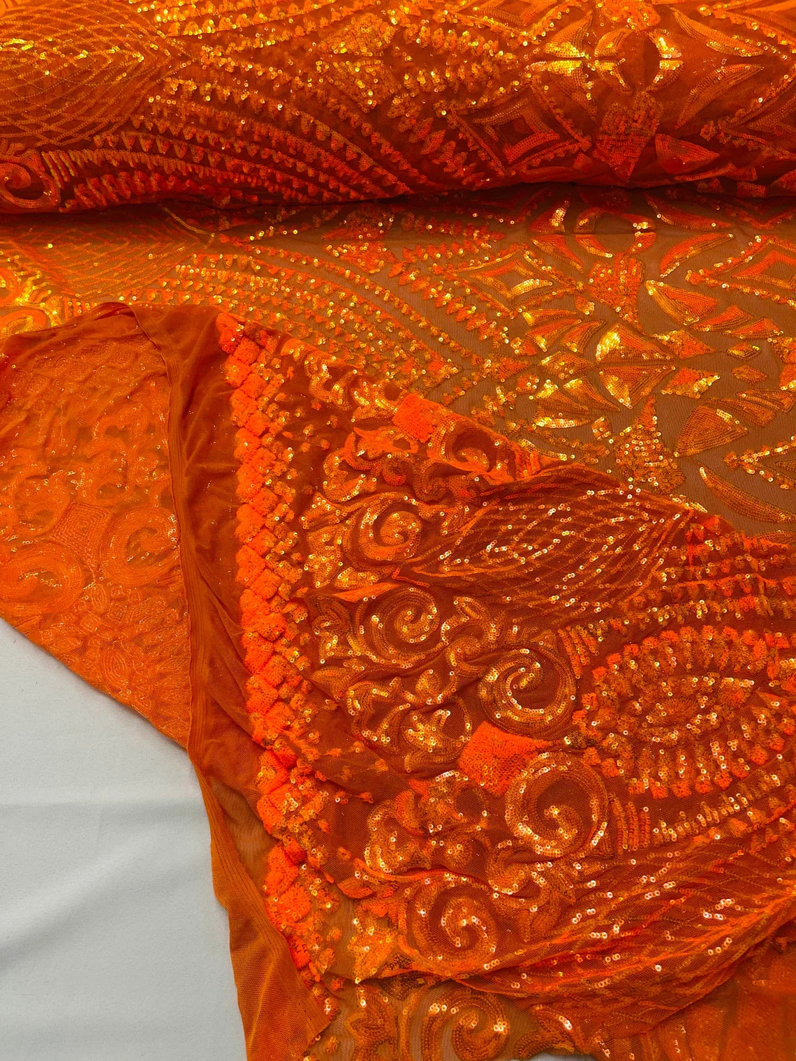 Geometric Pattern Sequins - Orange - 4 Way Stretch Colorful Shine Designer Sequins By Yard