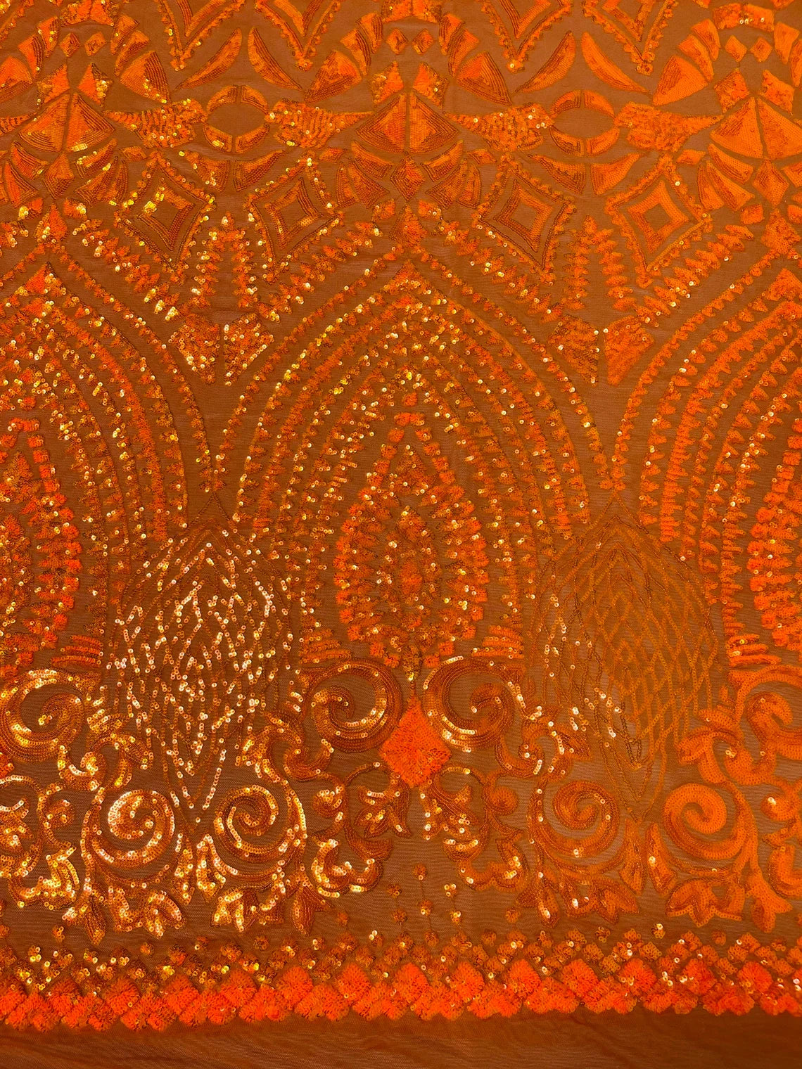 Geometric Pattern Sequins - Orange - 4 Way Stretch Colorful Shine Designer Sequins By Yard