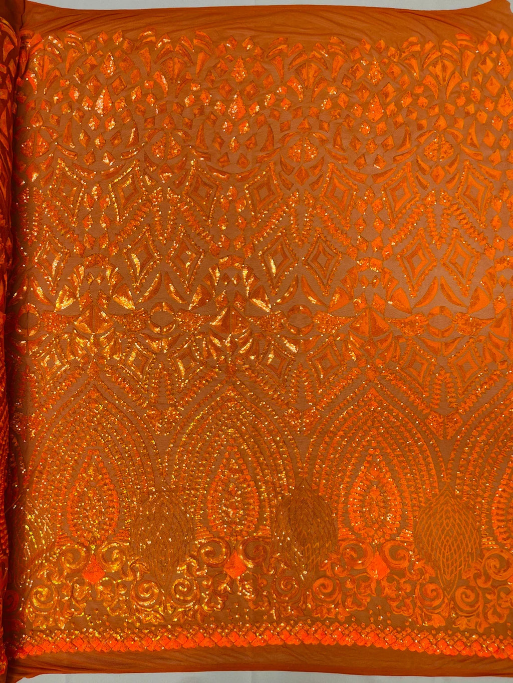 Geometric Pattern Sequins - Orange - 4 Way Stretch Colorful Shine Designer Sequins By Yard