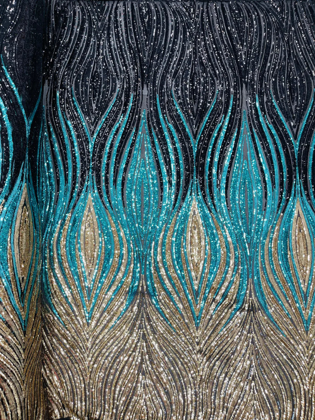 Multi-Color Fabric - Black/Turquoise/Silver - Feather Shape Sequins Fabric Sold By Yard