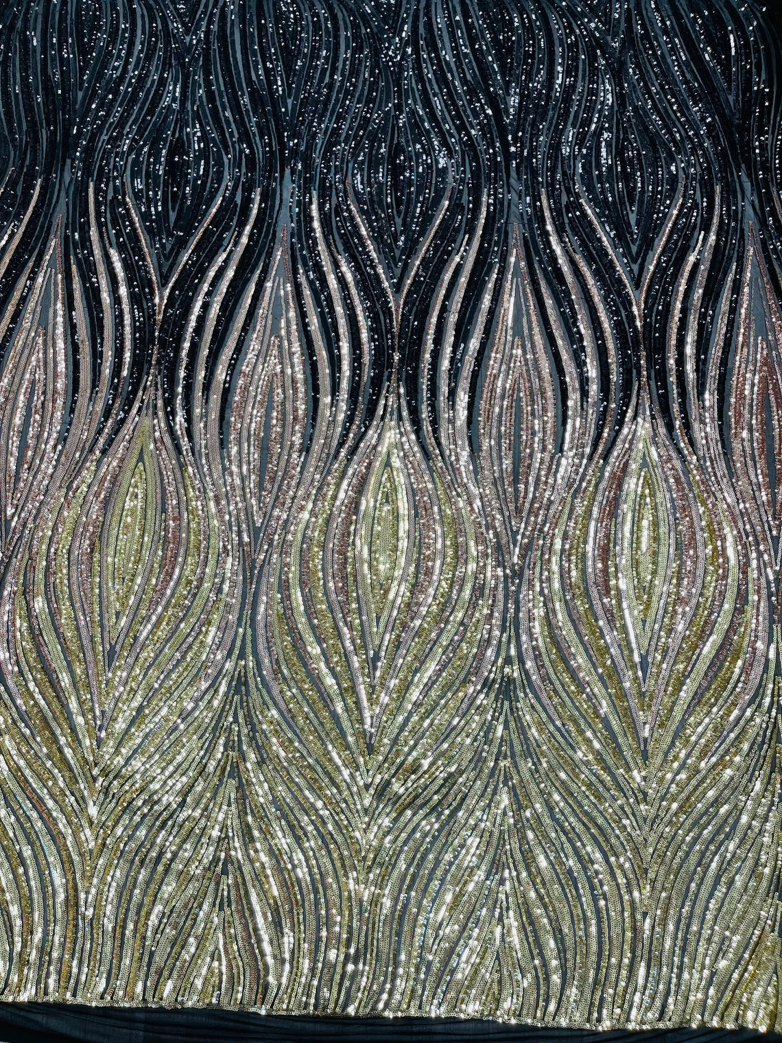 Multi-Color Fabric - Black/Rose/Light Gold - Feather Shape Sequins Fabric Sold By Yard
