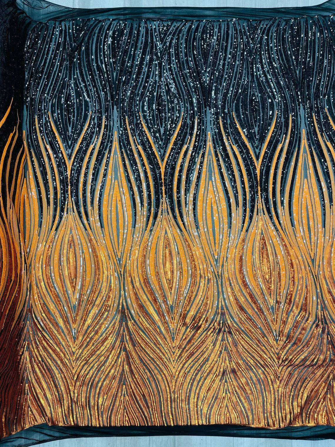 Multi-Color Fabric - Navy/Yellow/Gold - Feather Shape Sequins Fabric Sold By Yard
