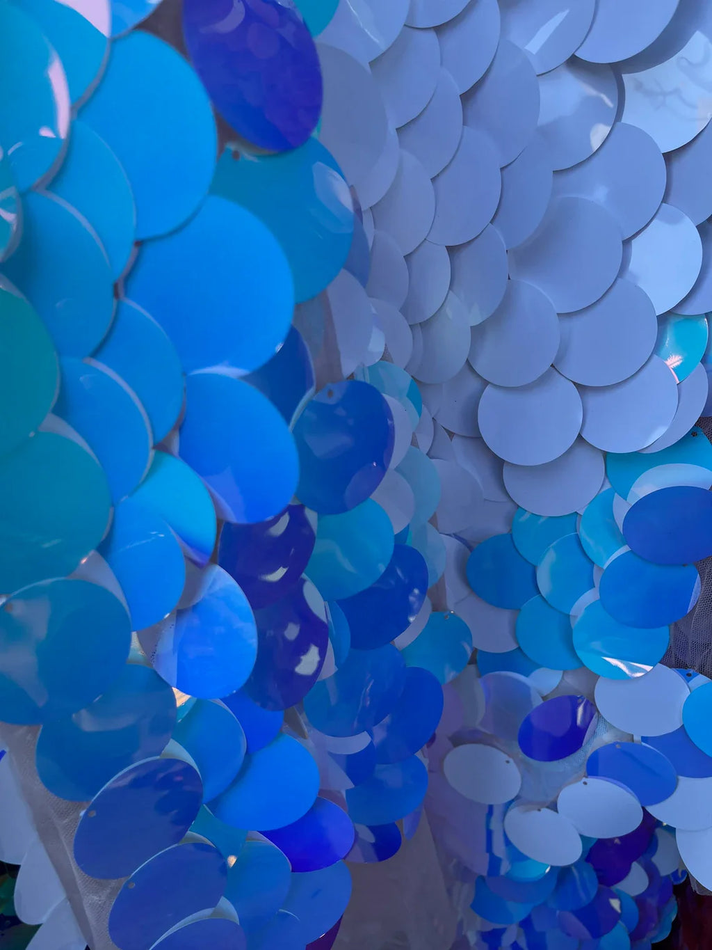 Jumbo 1.5" Circle Sequins - Aqua / White - Jumbo Sequins On Mesh Fabric Sold By The Yard