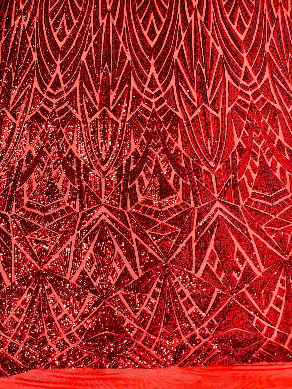 Geometric Fabric - Red - Geometric Sequins Pattern Design 4 Way Stretch Sold By Yard