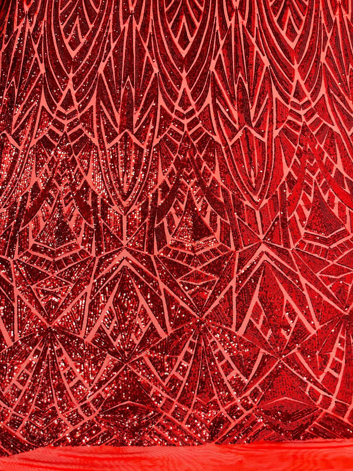 Geometric Fabric - Red - Geometric Sequins Pattern Design 4 Way Stretch Sold By Yard