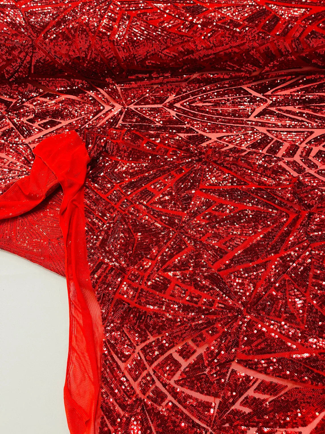 Geometric Fabric - Red - Geometric Sequins Pattern Design 4 Way Stretch Sold By Yard