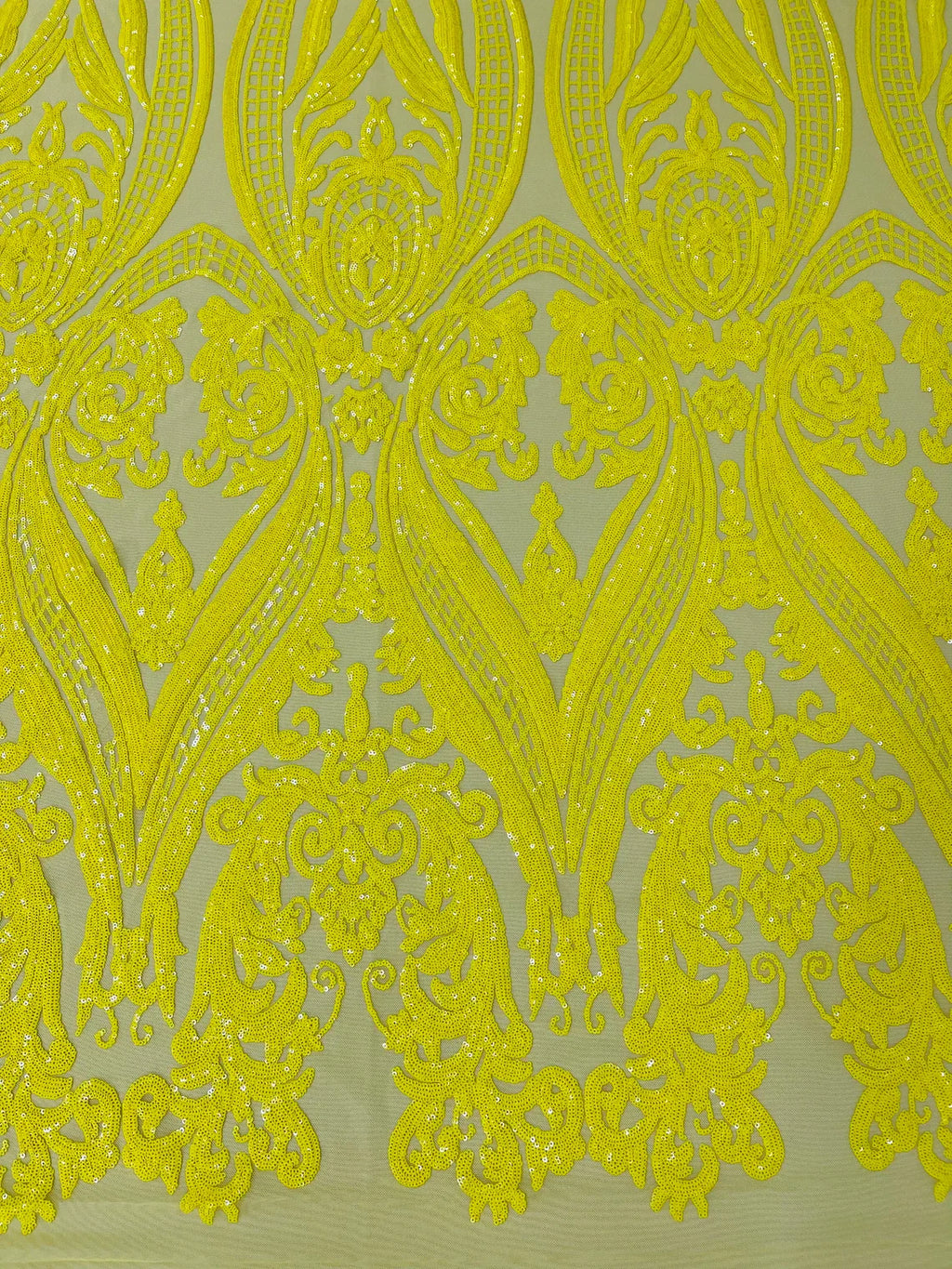 Big Damask Sequins Fabric - Yellow on Yellow - 4 Way Stretch Damask Sequins Design Fabric By Yard