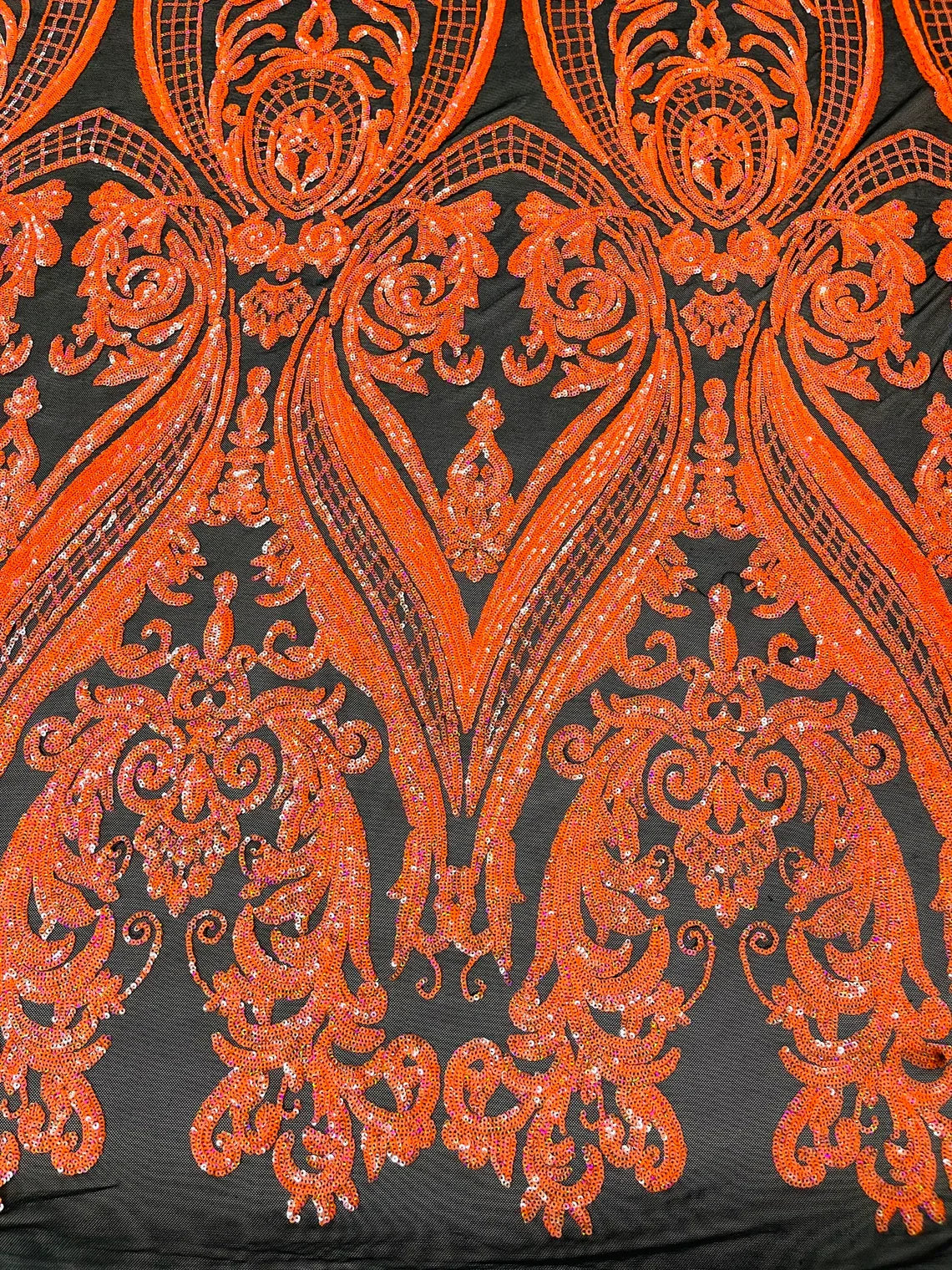 Big Damask Sequins Fabric - Orange on Black - 4 Way Stretch Damask Sequins Design Fabric By Yard
