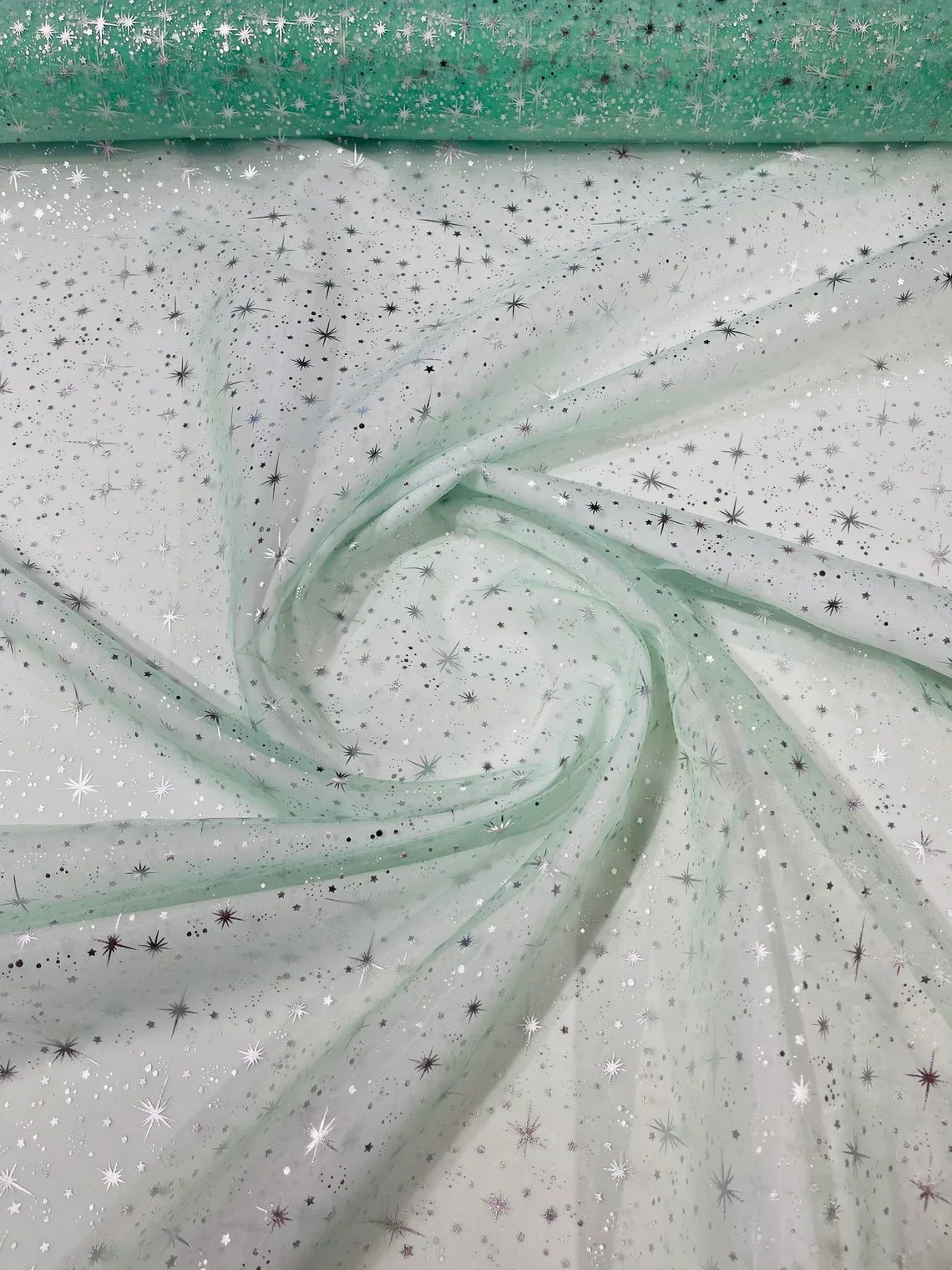 Foil Star Organza - Silver On Mint - 60" Sheer Silver Star Organza Fabric Sold By Yard