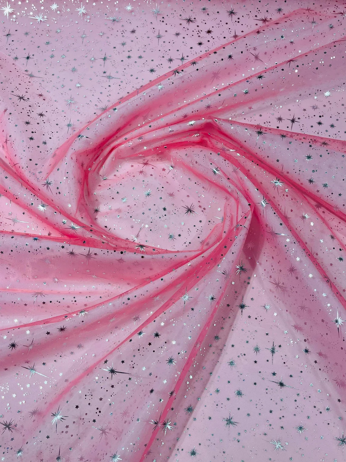 Foil Star Organza - Silver On Coral - 60" Sheer Silver Star Organza Fabric Sold By Yard
