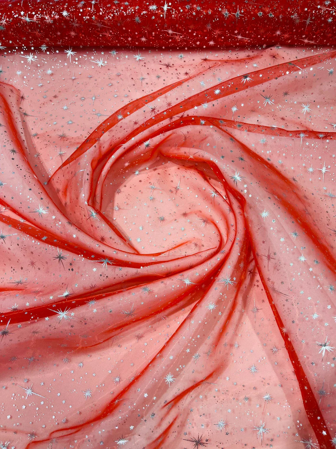 Foil Star Organza - Silver On Red - 60" Sheer Silver Star Organza Fabric Sold By Yard