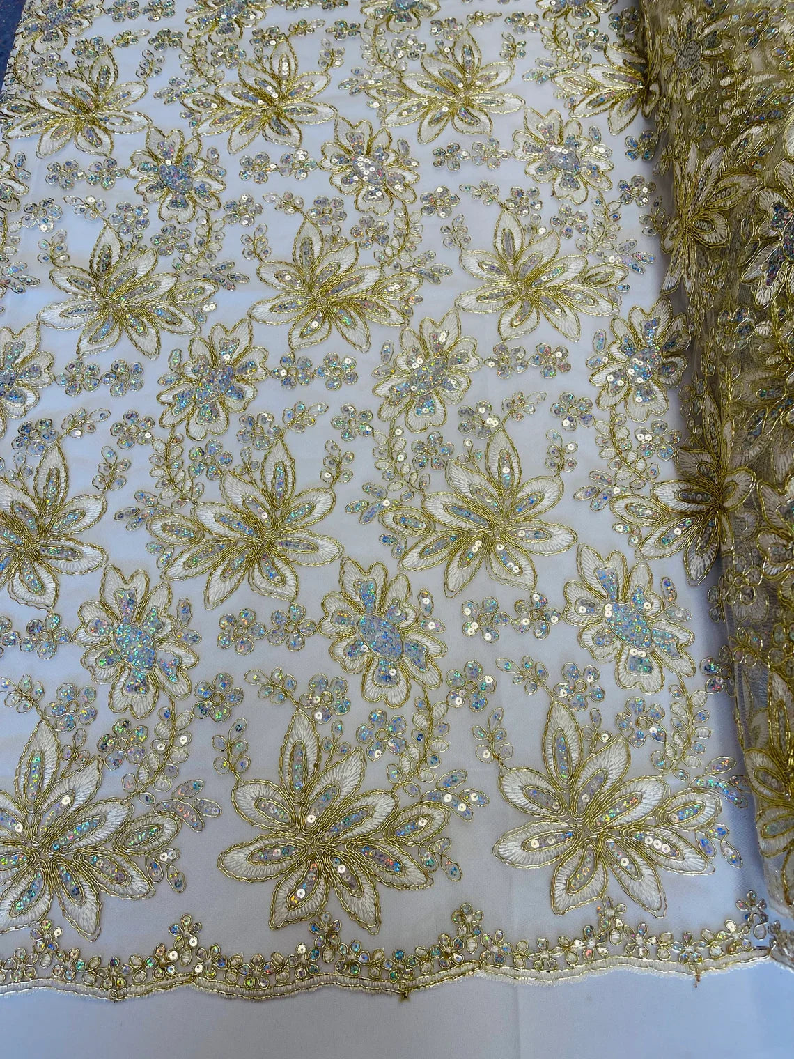 Holographic Sequins Lace - Ivory / Gold - Flower Sequins Lace Design w/ Metallic Thread by Yard