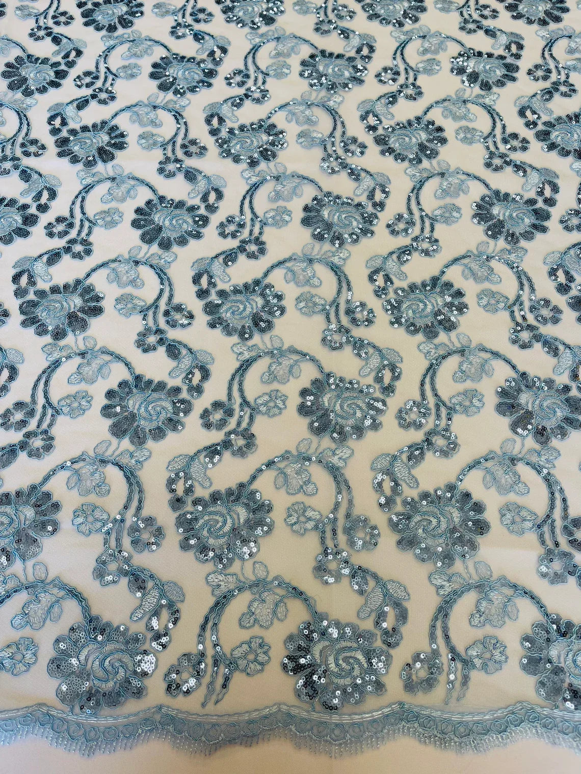 Embroidered Flower Lace - Baby Blue - Corded Floral Lace With Sequins Sold By Yard