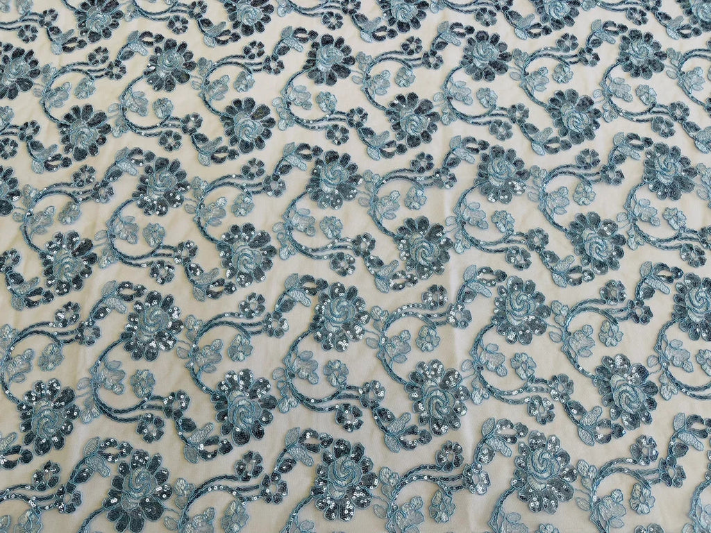 Embroidered Flower Lace - Baby Blue - Corded Floral Lace With Sequins Sold By Yard