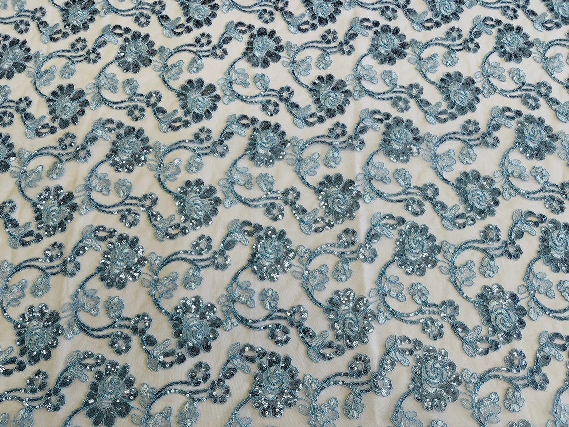 Embroidered Flower Lace - Baby Blue - Corded Floral Lace With Sequins Sold By Yard