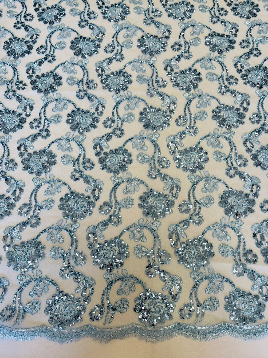 Embroidered Flower Lace - Baby Blue - Corded Floral Lace With Sequins Sold By Yard
