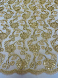 Embroidered Flower Lace - Champagne - Corded Floral Lace With Sequins Sold By Yard