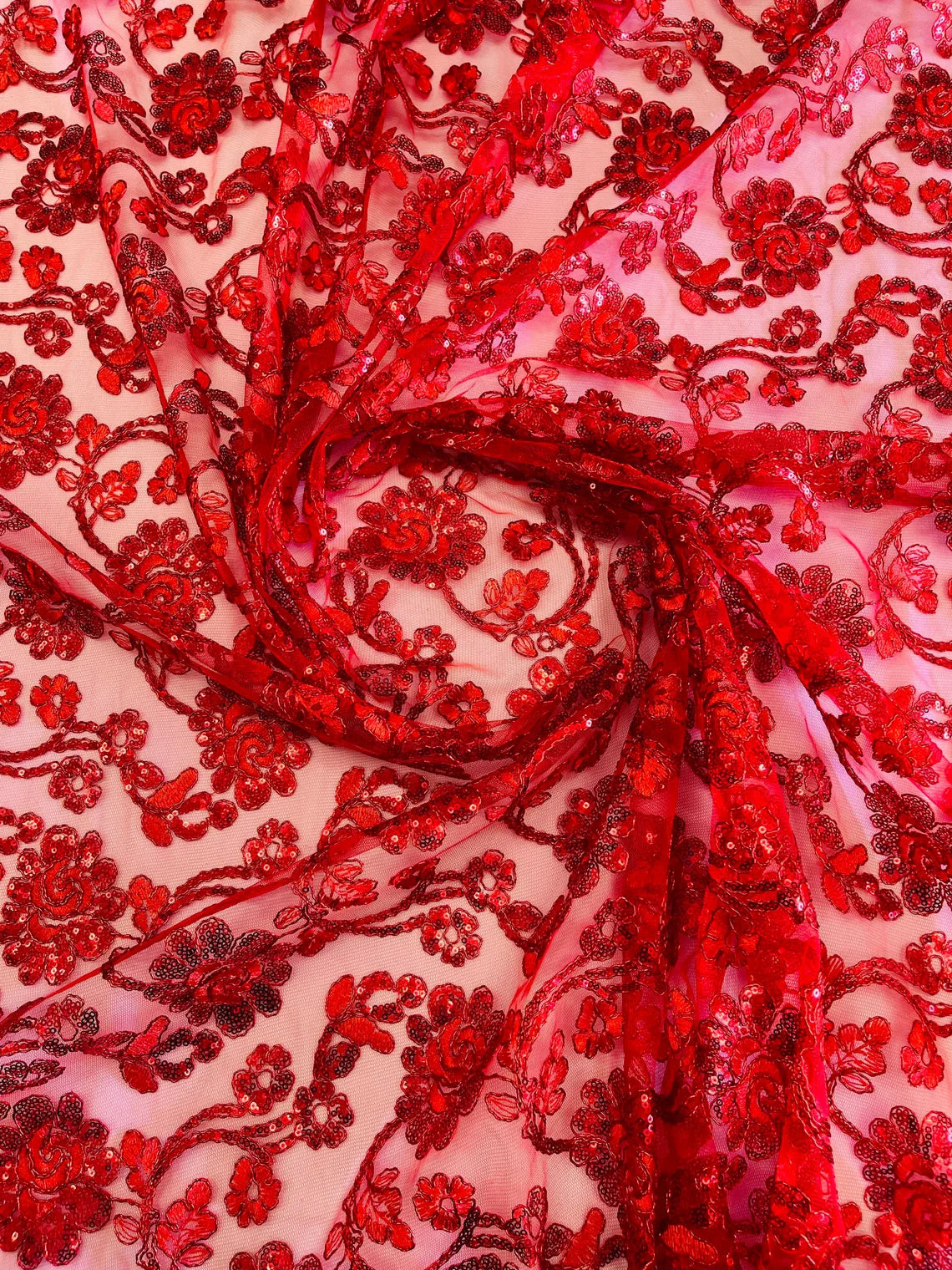 Embroidered Flower Lace - Red - Corded Floral Lace With Sequins Sold By Yard