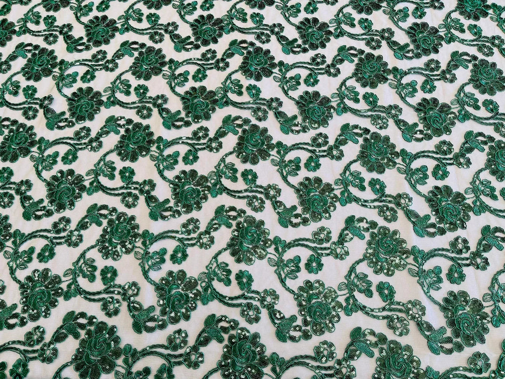 Embroidered Flower Lace - Hunter Green - Corded Floral Lace With Sequins Sold By Yard