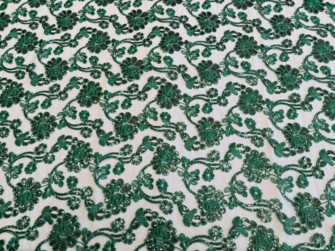 Embroidered Flower Lace - Hunter Green - Corded Floral Lace With Sequins Sold By Yard