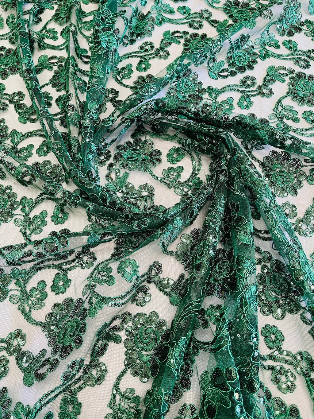 Embroidered Flower Lace - Hunter Green - Corded Floral Lace With Sequins Sold By Yard