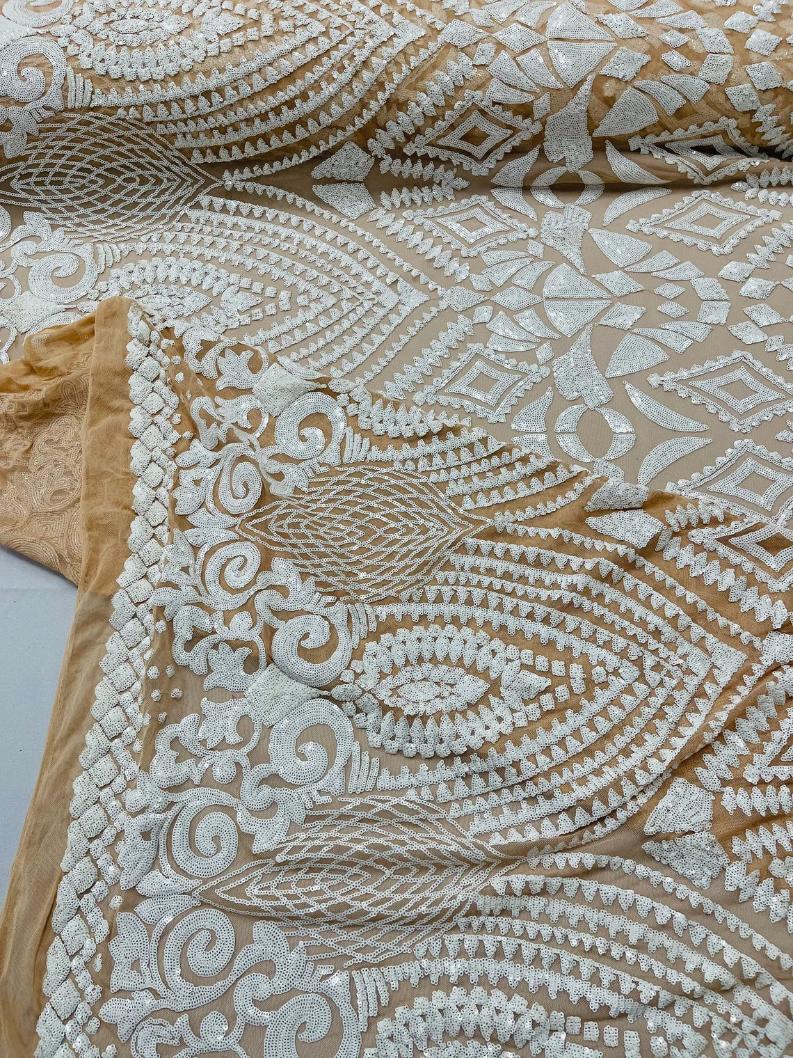 Geometric Pattern Sequins - White on Nude - 4 Way Stretch Colorful Shine Designer Sequins By Yard