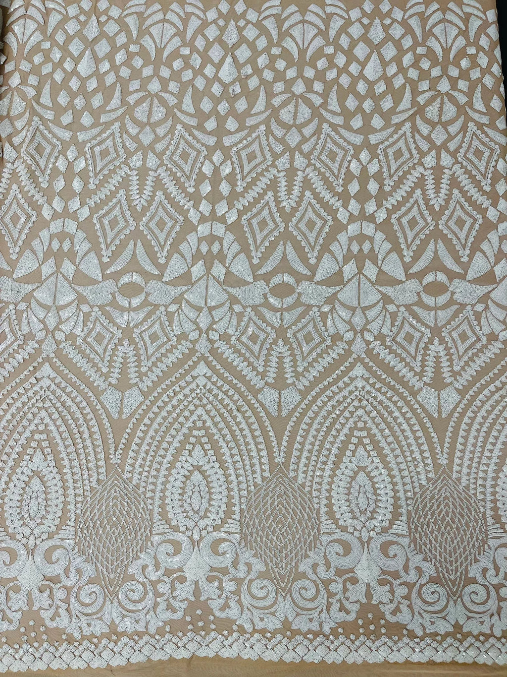 Geometric Pattern Sequins - White on Nude - 4 Way Stretch Colorful Shine Designer Sequins By Yard