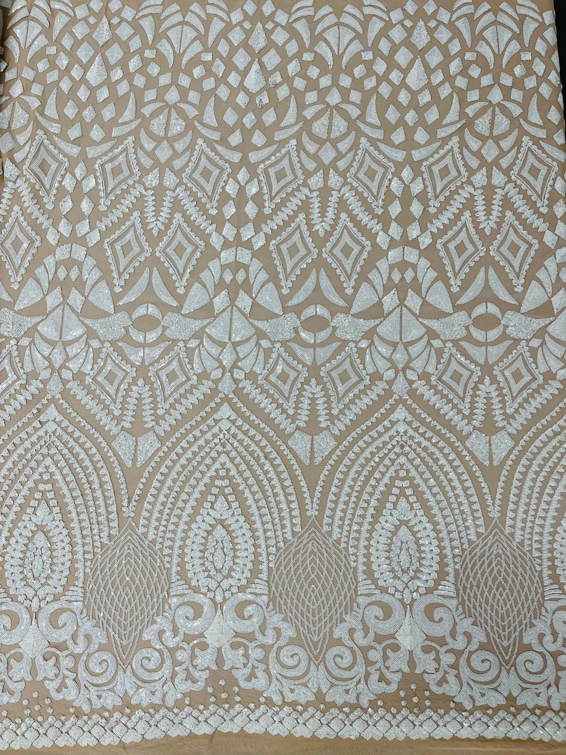 Geometric Pattern Sequins - White on Nude - 4 Way Stretch Colorful Shine Designer Sequins By Yard