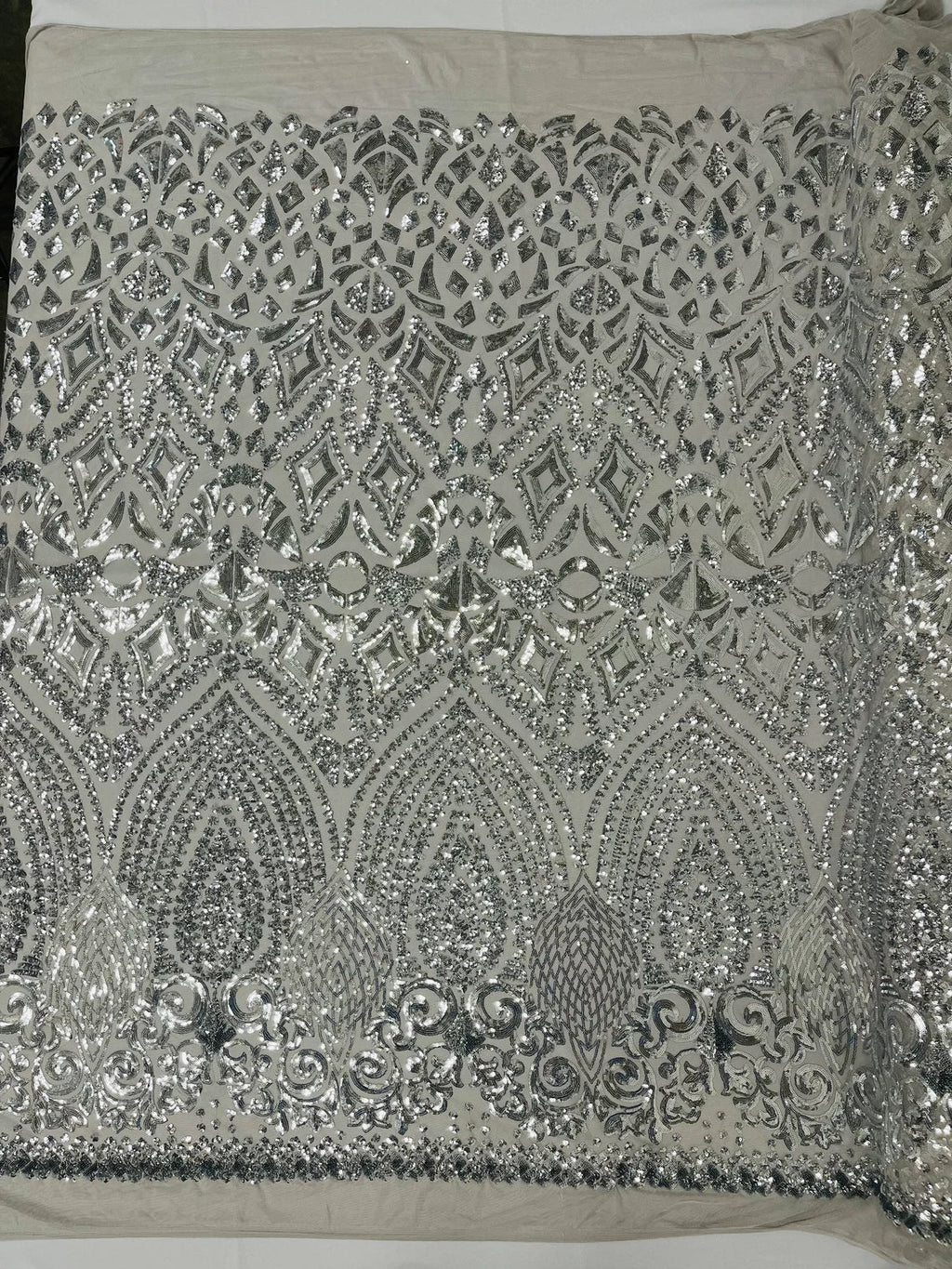 Geometric Pattern Sequins - Silver - 4 Way Stretch Colorful Shine Designer Sequins By Yard