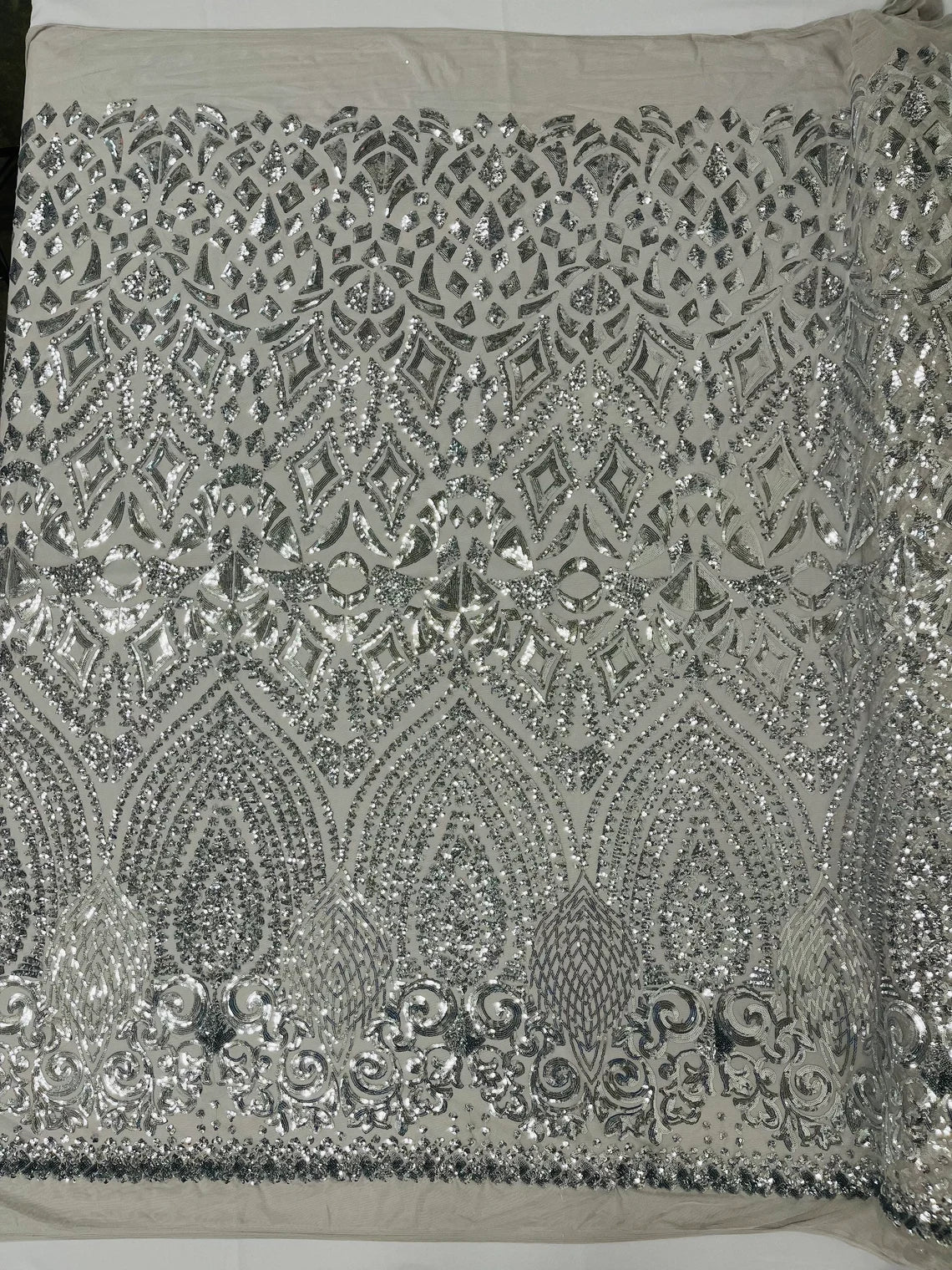 Geometric Pattern Sequins - Silver - 4 Way Stretch Colorful Shine Designer Sequins By Yard