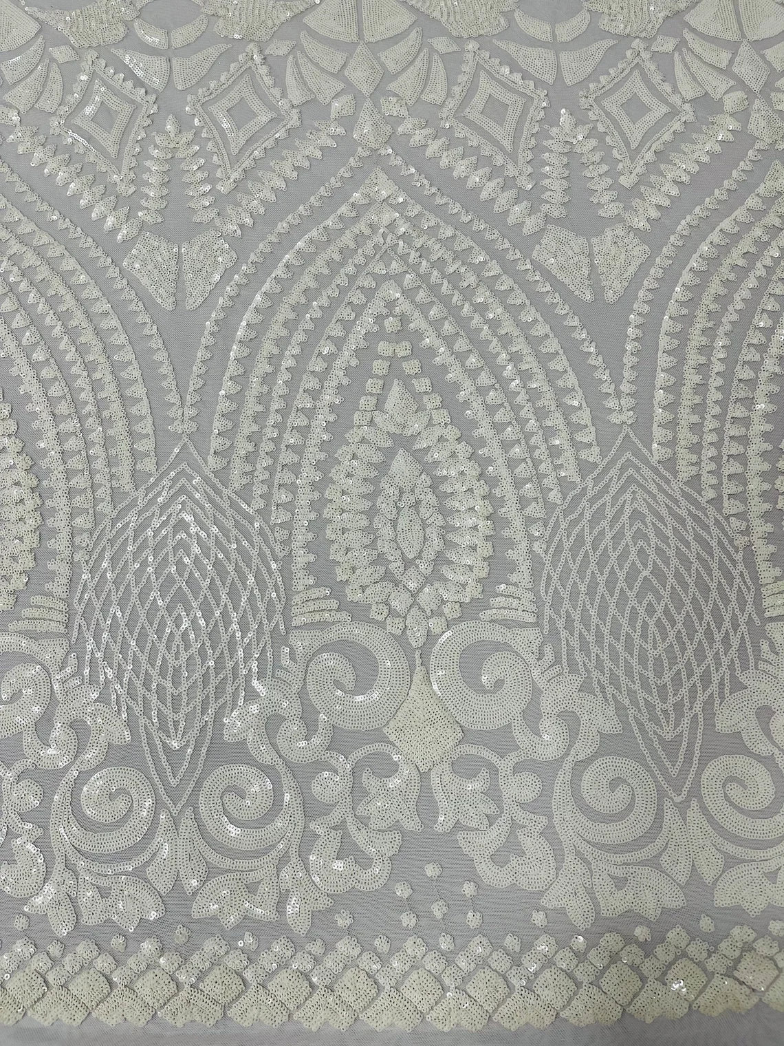 Geometric Pattern Sequins - White - 4 Way Stretch Colorful Shine Designer Sequins By Yard