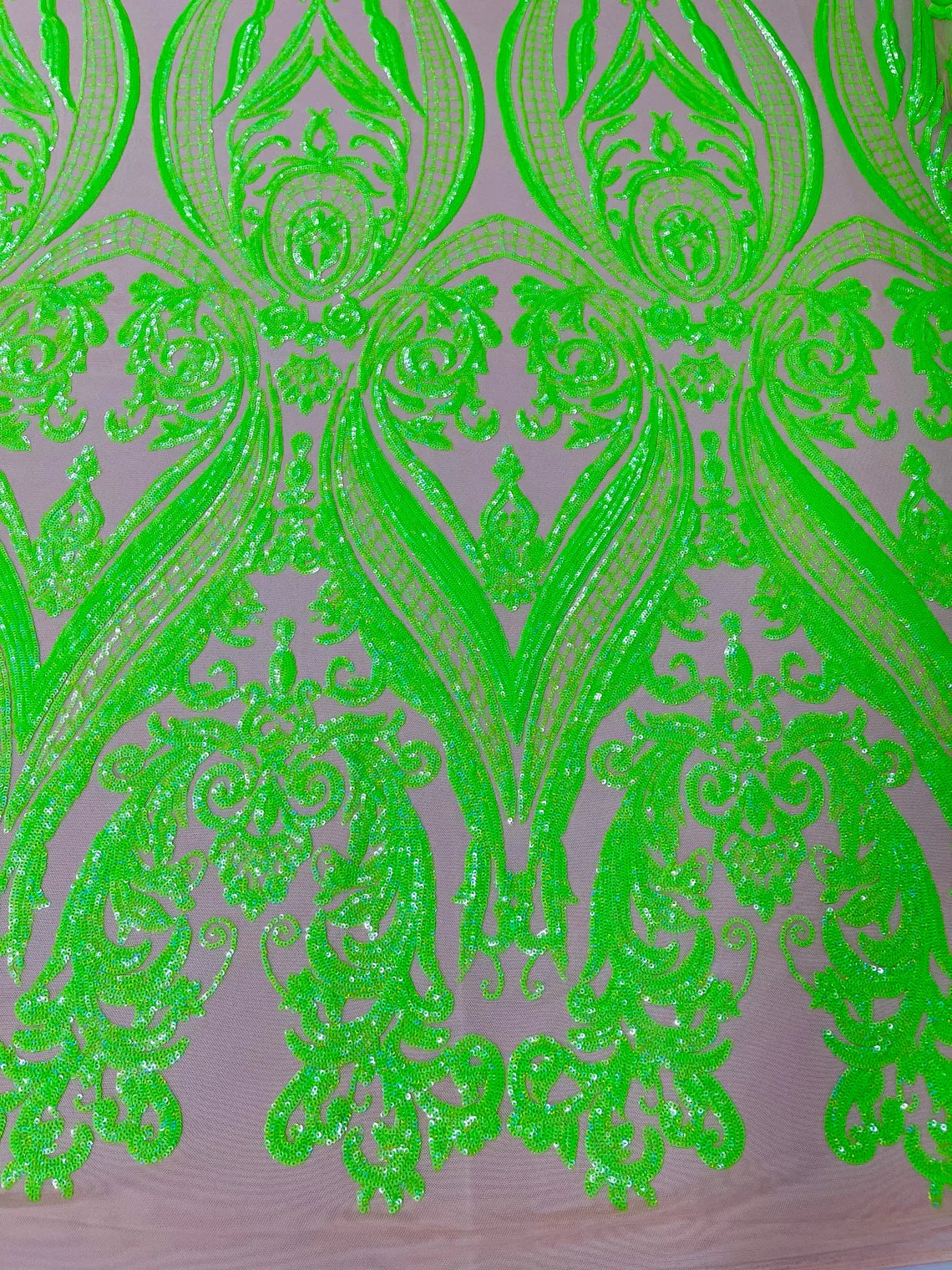 Big Damask Sequins Fabric - Neon Green - 4 Way Stretch Damask Sequins Design Fabric By Yard