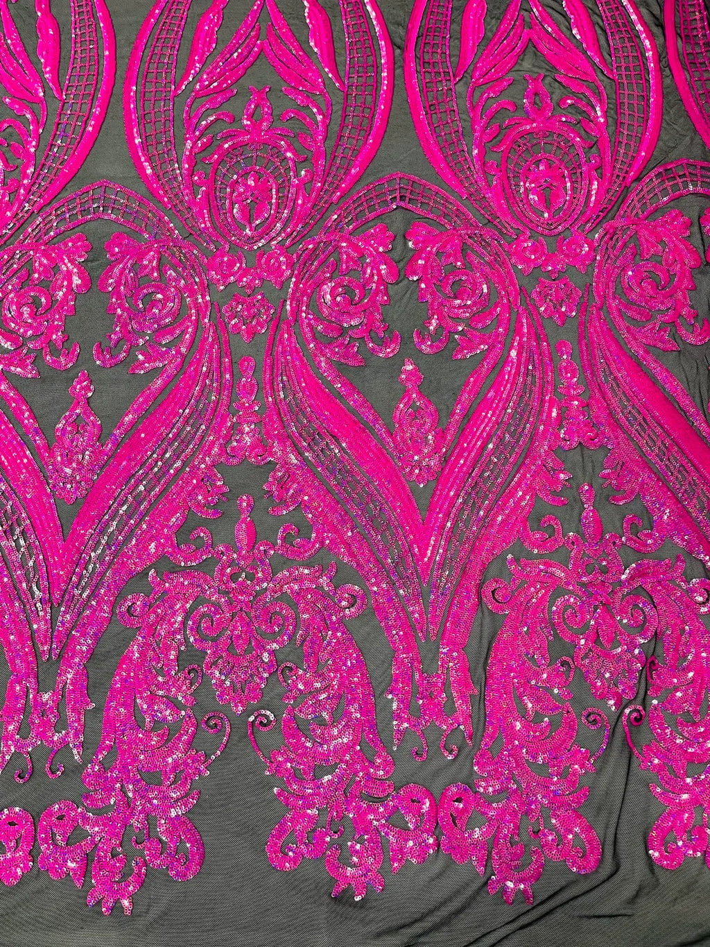 Big Damask Sequins Fabric - Hot Pink on Black - 4 Way Stretch Damask Sequins Design Fabric By Yard