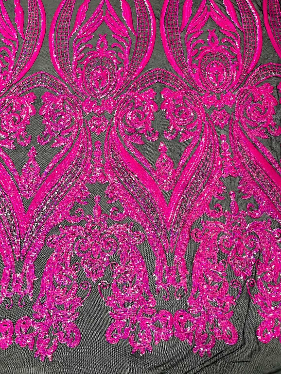 Big Damask Sequins Fabric - Hot Pink on Black - 4 Way Stretch Damask Sequins Design Fabric By Yard