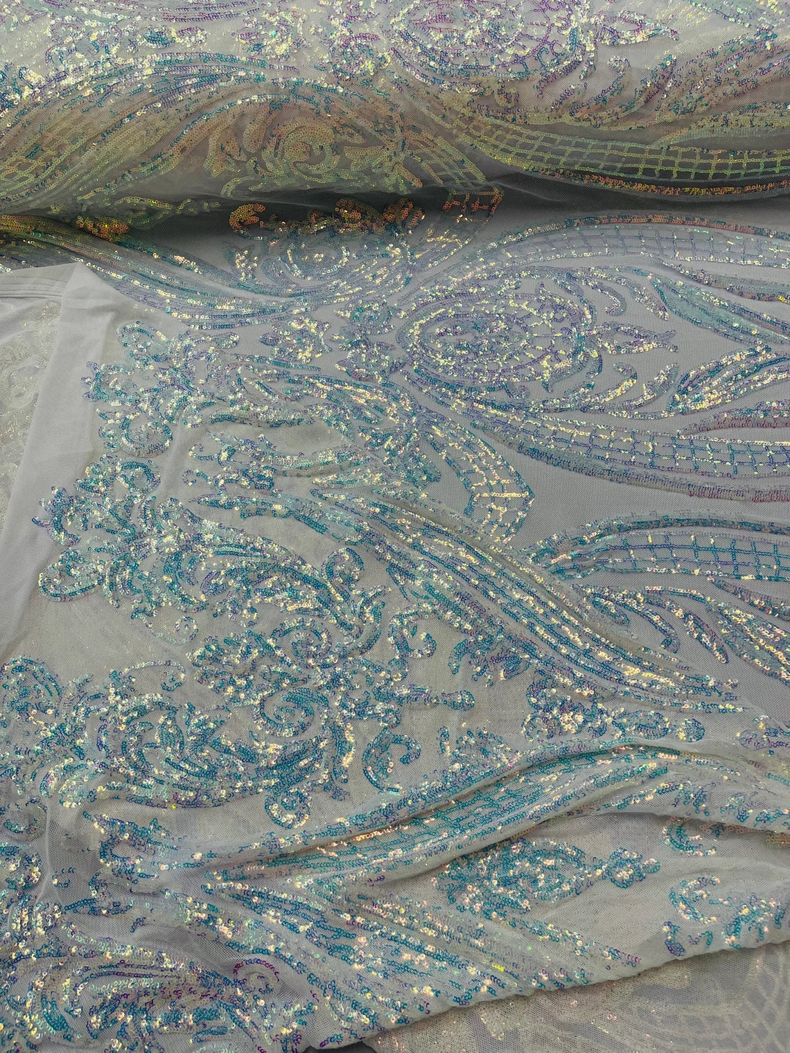 Big Damask Sequins Fabric - Clear - 4 Way Stretch Damask Sequins Design Fabric By Yard