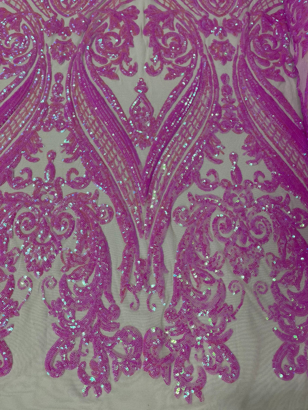 Big Damask Sequins Fabric - Candy Pink - 4 Way Stretch Damask Sequins Design Fabric By Yard