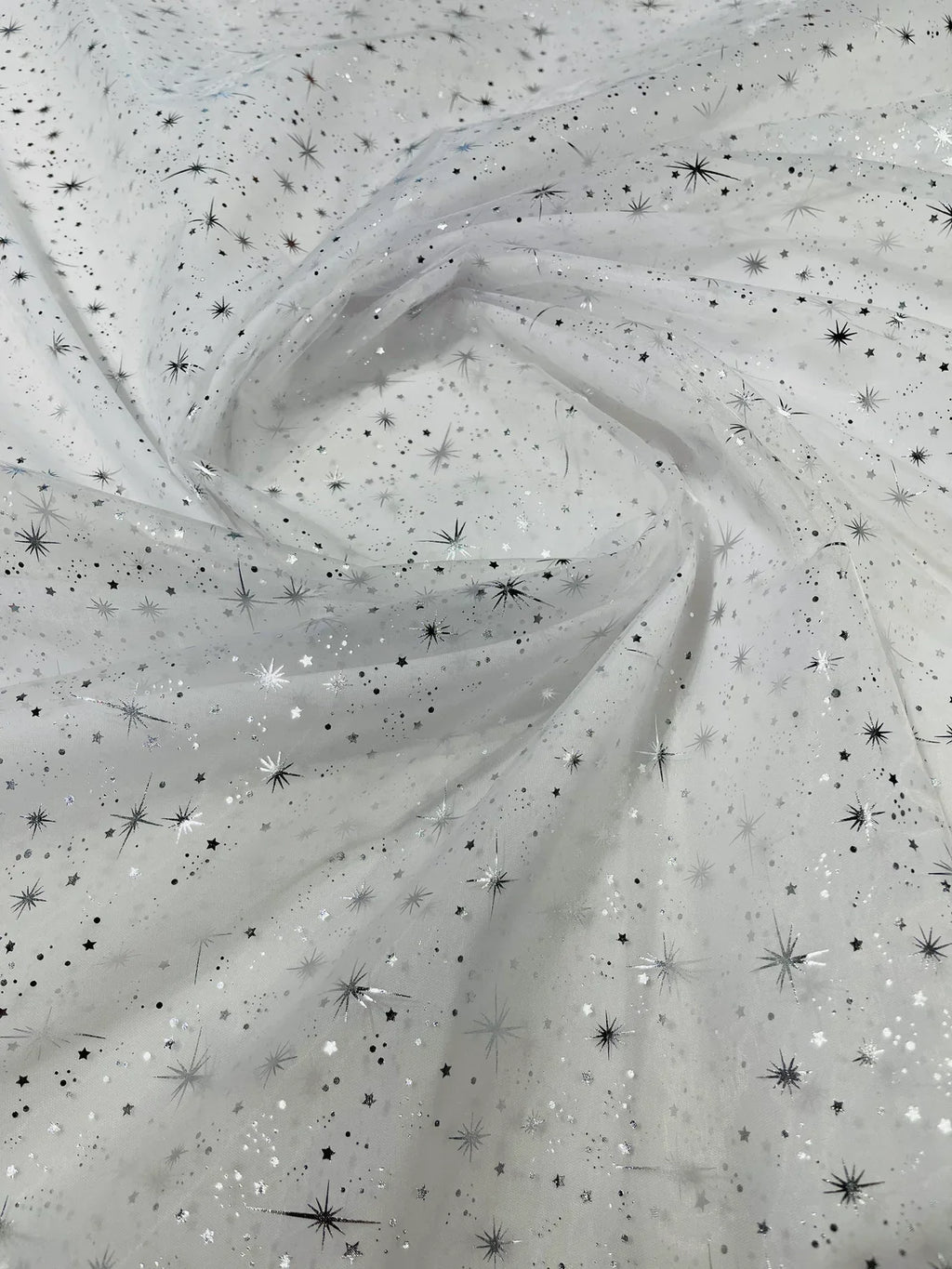 Foil Star Organza - Silver On White - 60" Sheer Silver Star Organza Fabric Sold By Yard