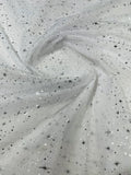 Foil Star Organza - Silver On White - 60" Sheer Silver Star Organza Fabric Sold By Yard