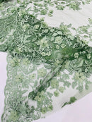 Flower 3D Fabric - Sage Green - Embroided Fabric Flower Pearls and Leaf Decor Sold by The Yard