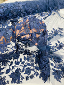 Flower 3D Fabric - Navy Blue - Embroided Fabric Flower Pearls and Leaf Decor Sold by The Yard