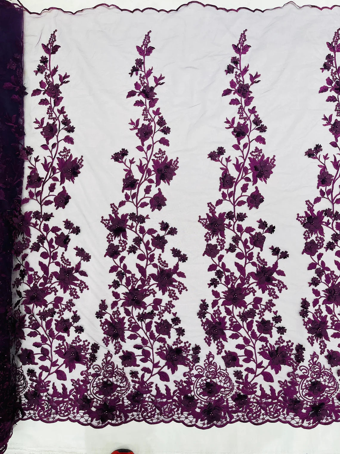 Flower 3D Fabric - Plum - Embroided Fabric Flower Pearls and Leaf Decor Sold by The Yard