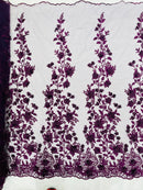 Flower 3D Fabric - Plum - Embroided Fabric Flower Pearls and Leaf Decor Sold by The Yard