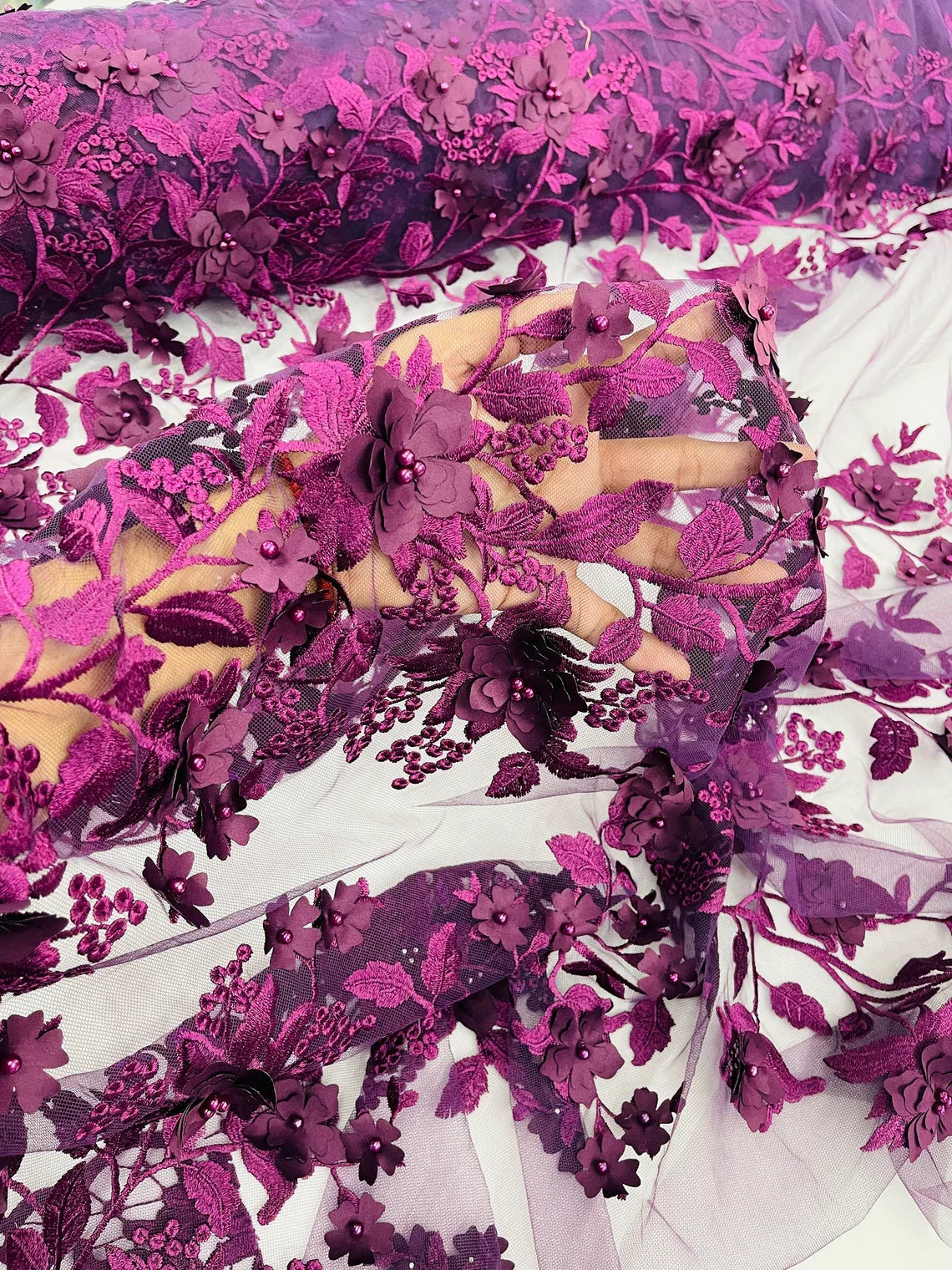 Flower 3D Fabric - Plum - Embroided Fabric Flower Pearls and Leaf Decor Sold by The Yard