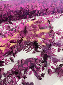 Flower 3D Fabric - Plum - Embroided Fabric Flower Pearls and Leaf Decor Sold by The Yard