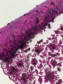 Flower 3D Fabric - Plum - Embroided Fabric Flower Pearls and Leaf Decor Sold by The Yard