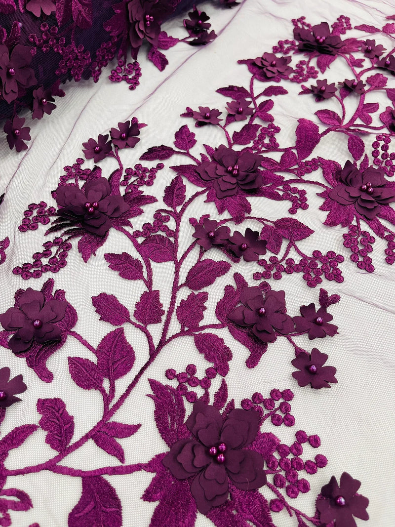 Flower 3D Fabric - Plum - Embroided Fabric Flower Pearls and Leaf Decor Sold by The Yard