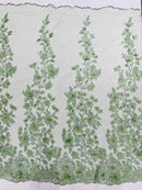 Flower 3D Fabric - Sage Green - Embroided Fabric Flower Pearls and Leaf Decor Sold by The Yard