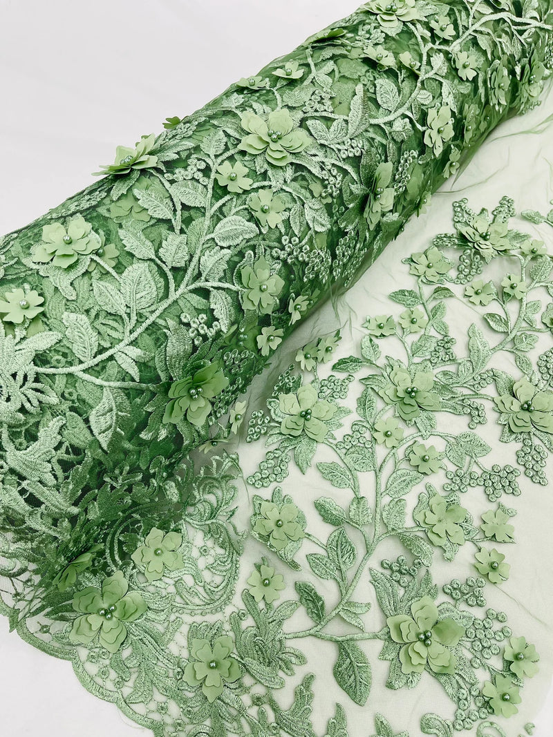 Flower 3D Fabric - Sage Green - Embroided Fabric Flower Pearls and Leaf Decor Sold by The Yard