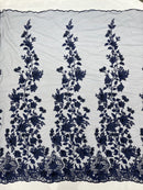Flower 3D Fabric - Navy Blue - Embroided Fabric Flower Pearls and Leaf Decor Sold by The Yard
